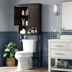 a white toilet sitting next to a bathroom sink under a mirror on top of a wooden cabinet