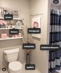 the bathroom is decorated in gray and white with lots of different things on the shelves