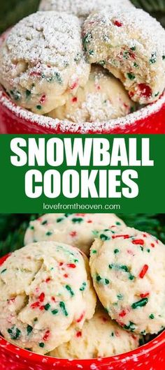 snowball cookies with sprinkles in a red bowl and on a green background