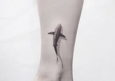 a small shark tattoo on the ankle is shown in black and grey ink, while it appears to be an ocean creature