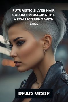 Futuristic silver-haired person with makeup and earrings, promoting a metallic hair color trend. Sophisticated Hair Color, Sophisticated Hair, Silver Ombre Hair, Short Silver Hair, Elegant Bun, Sophisticated Hairstyles, Traditional Beauty, Curly Hair Photos, Silver Hair Color