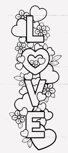 the letter e is for love with hearts and flowers on it in black and white