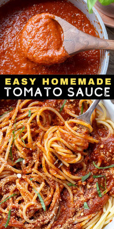 easy homemade tomato sauce in a bowl with spaghetti