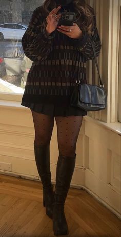 Tall Boots With Dress Winter, Black Snakeskin Boots Outfit, Fall Outfits With Stockings Tights, Calf Boots Outfit Fall, Outfits With Brown Knee High Boots, Black Tennis Skirt Outfit Fall, Fall Outfits Tall Boots, Fall Outfits With Tall Boots, Fall Tall Boots Outfit