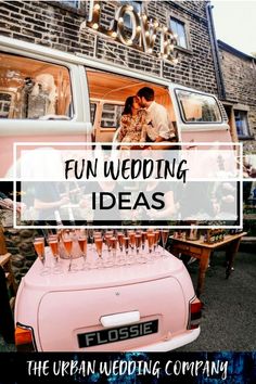 a pink vw bus with champagne glasses on top and the words fun wedding ideas