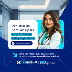 a woman in white lab coat standing next to a blue wall with the words meditaria de confianca para o ben - estr dos pequeros