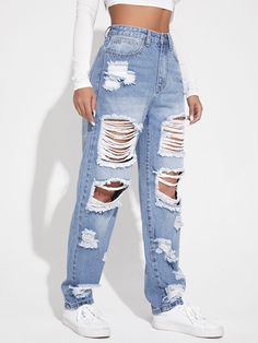 From Summer to Fall: Transitional Ripped Jeans Outfits Super Ripped Jeans, Pantalones Boyfriend, Cute Ripped Jeans, Shein Clothes, Ripped Denim Pants, Womens Ripped Jeans, Blue Denim Pants, Casual Preppy Outfits