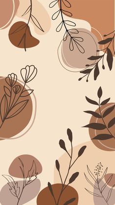 an abstract floral pattern with leaves and circles in brown, pink, beige and tan colors