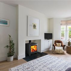 a living room filled with furniture and a fire place next to a tv mounted on a wall