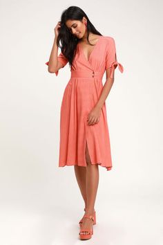 Coral & Orange Dresses | Affordable Orange & Coral Dresses at Lulus Coral Orange Dress, Wrap Dress Midi, Sassy Outfit, Pink Cocktail Dress, Lulus Dresses, Midi Wrap Dress, Coral Dress, Wrap Midi Dress, Striped Midi Dress