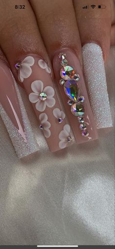 Quinceañera Nails, Quince Nails, Baddie Nails, White Acrylic Nails, Cute Acrylic Nail Designs