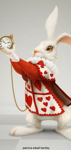 a white rabbit in a red and white dress holding a clock with hearts on it