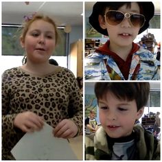 four pictures of young children wearing hats and sunglasses, one boy in leopard print shirt