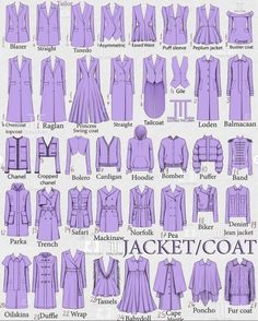 the different types of jackets and coats that are used in clothing design, sewing patterns, fashion