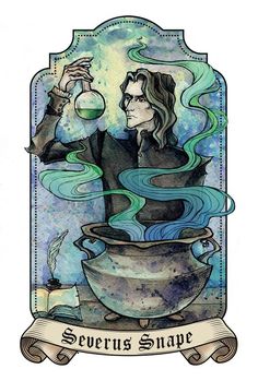 a drawing of a man holding a beakle in his hand with the words severus snape above it