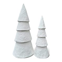 two paper mache Christmas trees Paper Mache Christmas, Halloween Furniture, Spring Rugs, Bottle Candles, White Christmas Trees, White Table Top, Table Runner And Placemats, Stocking Holders, Candle Accessories