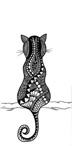 a black and white drawing of a cat sitting on top of the ocean with its tail curled up