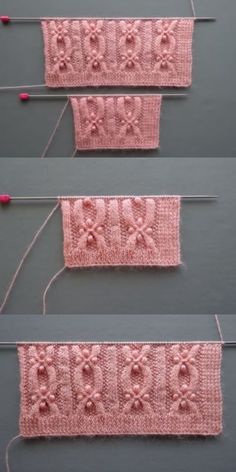 three pictures showing how to crochet the sides of two knitted rectangles