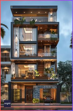 an apartment building with multiple balconies and plants on the balconys at night