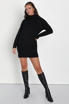 Pickup a warm bevvy and embrace the changing season in style with the Lulus Frosty Forecast Black Turtleneck Long Sleeve Sweater Dress! Ultra soft and cozy sweater knit shapes a chic turtleneck that flows into a contrasting, triangular ribbed knit detail. The relaxed silhouette is framed by long sleeves and ends at a flirty hem. Ribbed knit accents the cuffs and hem. Fit: This garment fits true to size. Length: Mid-thigh. Size medium measures 32" from shoulder to hem. Bust: Great for any cup siz Fall Mini Knit Sweater Dress, Fall Stretch Knitted Mini Dress, Fall Knitted Stretch Mini Dress, Fall Knit Mini Sweater Dress, Chic Black Funnel Neck Sweater, Winter Mini-length Solid Color Sweater Dress, Chic Stretch Sweater Dress With Turtleneck, Casual High Neck Knitted Sweater Dress, Casual Knitted High Neck Sweater Dress