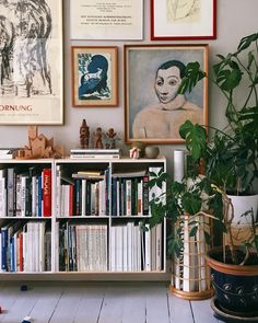 a bookshelf filled with lots of books next to potted plants and pictures on the wall