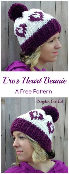 two photos of a woman wearing a knitted hat with the words eros heart beanie on it