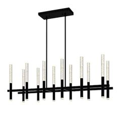 a black chandelier with six lights hanging from it's sides and four bars on each end