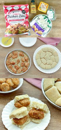 there are several different types of food on the table and one is filled with biscuits