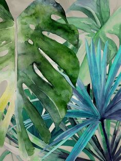 a watercolor painting of tropical leaves