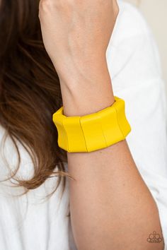 Featuring curved rectangular shapes, oversized sunny yellow wooden beads are threaded along stretchy bands around the wrist for a bold summer look.

 Sold as one individual bracelet. Paparazzi Jewelry Images, Paparazzi Consultant, Yellow Wood, Yellow Bracelet, Wooden Bracelet, Wood Bracelet, Sunny Yellow, Paparazzi Accessories, Blue Gems