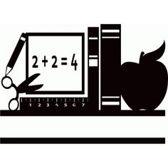 black and white silhouette of an apple, ruler, books, and pencil on top of a desk