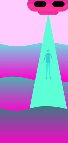 a man standing in the middle of a pink and blue ocean with an alien hovering above him