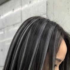 Silver And Brown Hair Highlights, Black Hair W Silver Highlights, Gray And Silver Highlights On Black Hair, Black Hair With Dark Grey Highlights, Grey Highlights In Black Hair, Black And Silver Hair Highlights, Black And Grey Hair Highlights, Black Hair Platinum Highlights, Grey Babylights