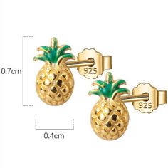 These cute pineapple stud earrings are made of solid 925 sterling silver, with great detailed in pineapple fruit shape, gold plated and enamel color decoration. Add these cute pineapple fruit stud earrings to your everyday fine jewelry collection or as gift for your love one. About sterling silver: Sterling silver is made of 92.5% silver and 7.5 % copper, it can be shine for a great time but in some cases, it does get tarnished faster, you can retrieve the shine of silver using a silver polishin Gold Earrings With Fruit Design For Gift, Pineapple Jewelry, Gold Pineapple, Red Jewelry, Tiny Stud Earrings, Silver Jewelry Fashion, Jewelry Card, Gift For Girls, Fine Jewelry Collection