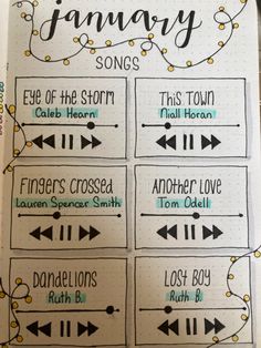 Song Book Journal Ideas, January Bulletin Journal Ideas, Favorite Songs Journal Page, Journal Favorite Songs, January Scrapbook Page, Songs That Remind Me Of You Scrapbook, Song Book Journal, Song Journal Ideas, Journal Ideas January