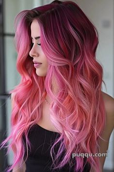 Bright Ombre Hair, Pink Hair Colour Ideas, Red To Pink Ombre Hair, Magenta Ombre Hair, Pink Balayage Hair, Colorful Tips, Burgundy Balayage, Funky Hair Colors