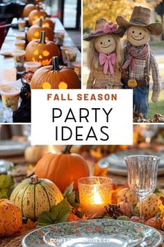 a collage of photos with pumpkins, candles and scarecrows on the table