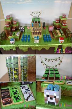 the table is set up for a minecraft birthday party with cake, candy and decorations