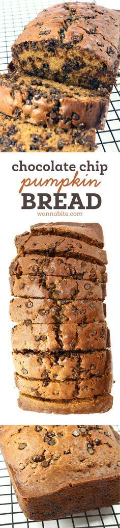 chocolate chip pumpkin bread on a cooling rack with text overlay that reads chocolate chip pumpkin bread