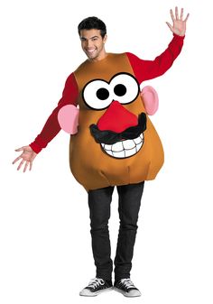 a man in a costume that looks like mr potato head is standing with his hands out