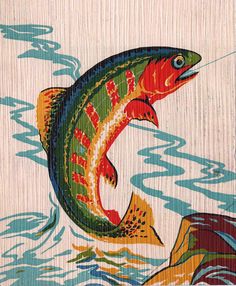 a painting of a fish jumping out of the water to catch a fly line in it's mouth