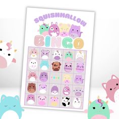 a poster with different animals on it and the words squishnlow bingo written in large letters