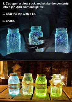 three jars with glowing stars in them