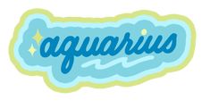 the word aquarius is written in blue and yellow with stars on its back side