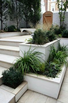 a planter filled with lots of plants on top of cement steps