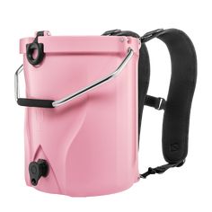 a pink and black cooler with straps on the handle is shown in front of a white background