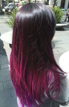 Purple ombré balayage in orchid and eggplant purple. Colorful Ends Hair, Underlayer Hair Color Purple, Purple Highlights On Black Hair, Ombre Hair Purple, Hair Highlights For Black Hair, Red And Black Hair Ideas, Hair Color Combinations, Black Hair Ideas, Red Purple Hair