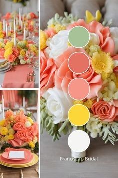 the table is set with orange, yellow and white flowers in different shades of pink