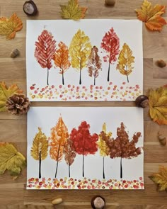 two cards with leaves and acorns on them, one is painted in autumn colors