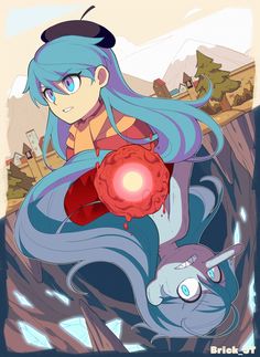 an anime character with blue hair holding a red object in her hand and looking at the camera